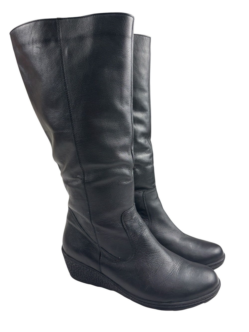 Belwest Women's Black Leather Knee-High Wedge Winter Boots Wool Lined Size 40